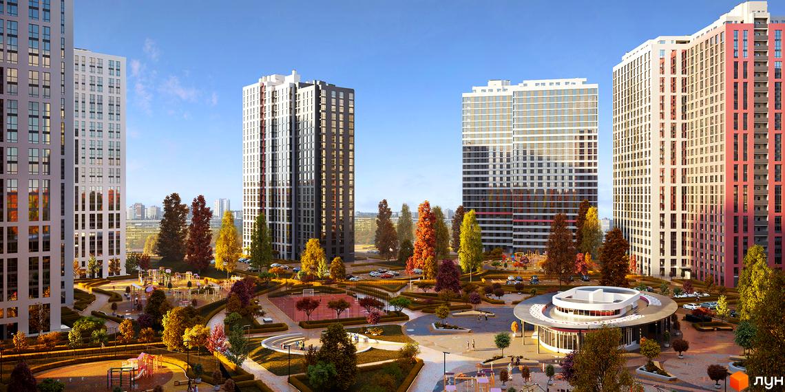 Житловий комплекс Варшавський Плюс: висотні будинки з панорамними вікнами та облаштований двір з дитячими майданчиками та зонами відпочинку.