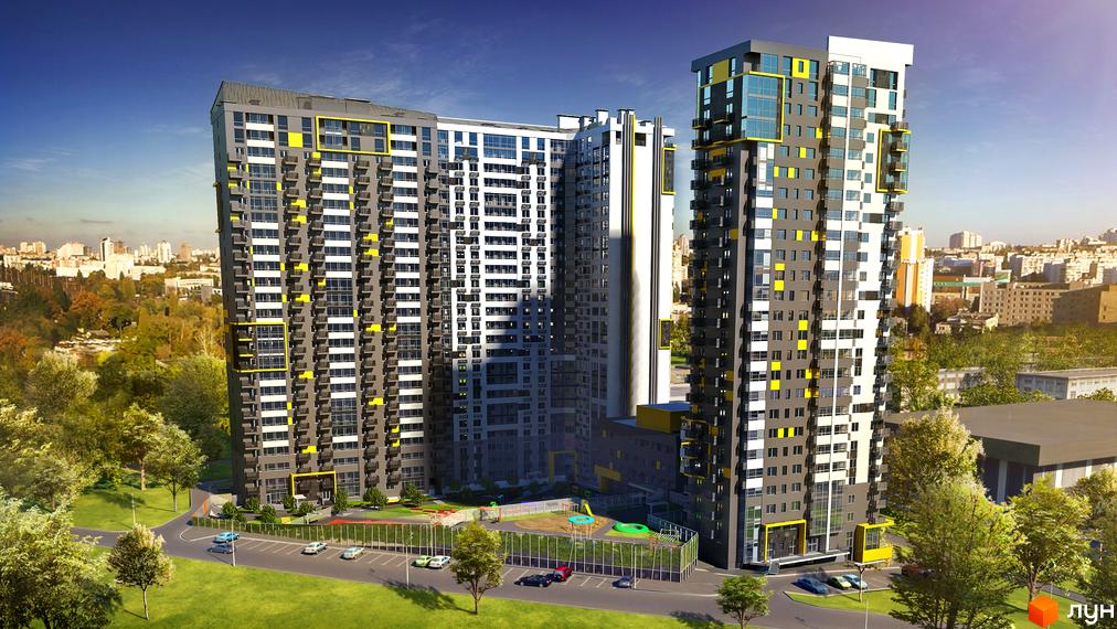 Зображення Житлового комплексу Campus з висотними будинками, дитячим майданчиком та парковкою. Вигляд новобудови ззовні.