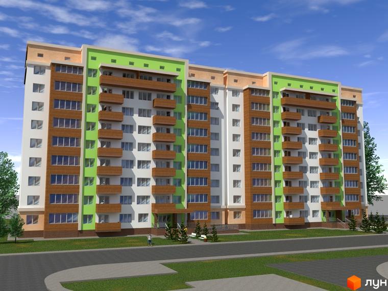 Зовнішній вигляд новобудови на вул. Спортивна, 1, з зеленими та коричневими фасадами, балконами та прибудинковою територією з деревами та дорогою.