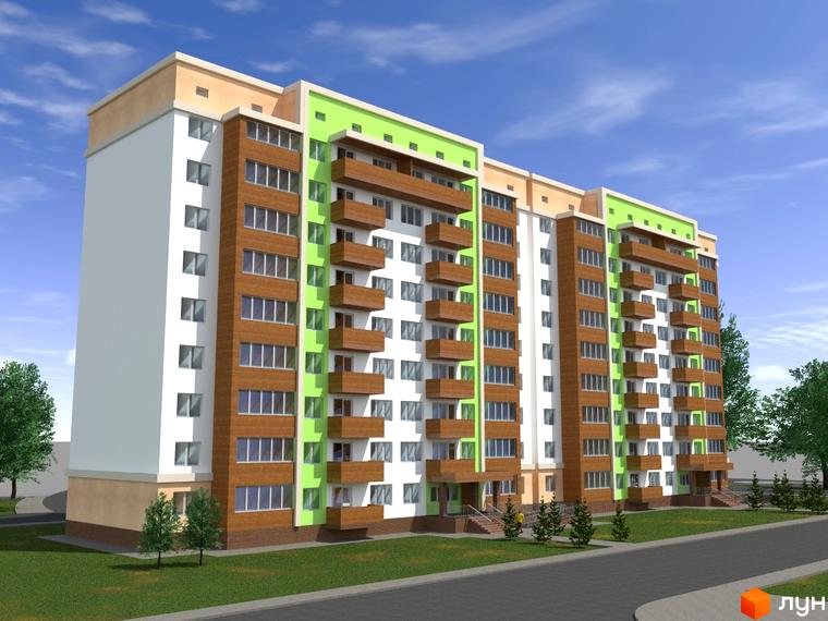 Зовнішній вигляд новобудови на вулиці Спортивна, 1, з зеленими та дерев'яними фасадами, балконами та прибудинковою територією з деревами та газоном.