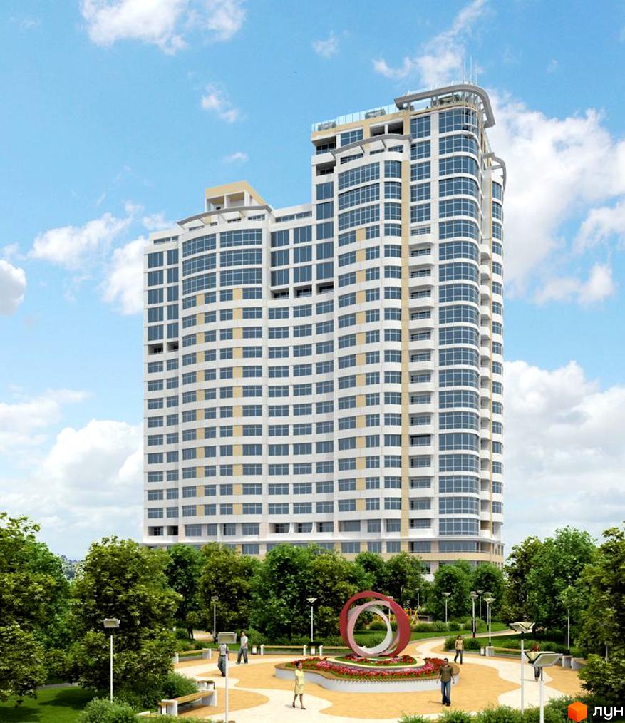 Житловий комплекс Руслан і Людмила з сучасною архітектурою та прибудинковою територією з зеленими насадженнями і зонами відпочинку.