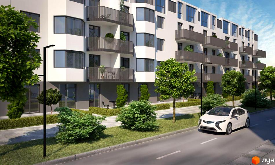 Зображення фасаду та прибудинкової території Житлового комплексу Ventum. На передньому плані білий автомобіль та зелені насадження.