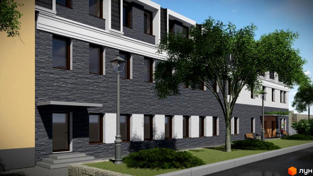 Зовнішній вигляд новобудови ЖК City House з сірим фасадом та білими елементами, зелена прибудинкова територія з деревами та лавками.