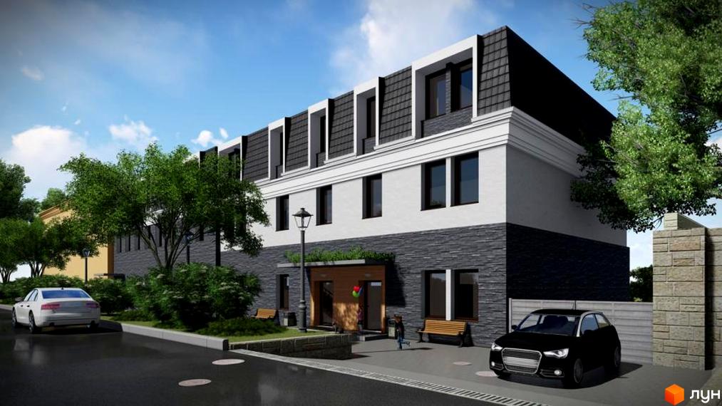 Зовнішній вигляд новобудови ЖК City House з сірим фасадом та темним дахом. Перед будинком розташована прибудинкова територія з деревами та автомобілями.