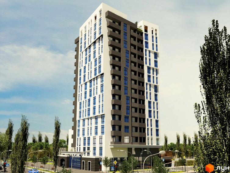 Новобудова ЖК Paradise Life з біло-сірим фасадом та синіми вікнами. Навколо будівлі зелені дерева та міська вулиця з дорогою.