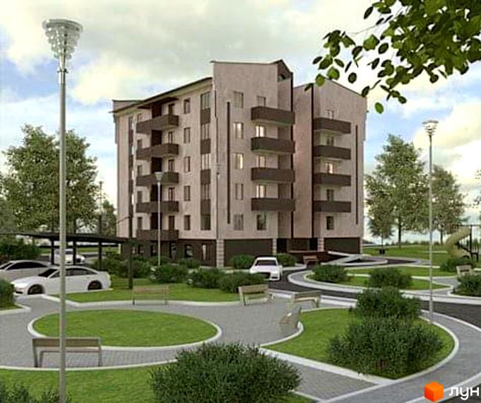 Зовнішній вигляд житлового комплексу на вул. Молодіжна, 26, з упорядкованою прибудинковою територією та зеленими зонами. Огляд новобудови з парковкою та місцями для відпочинку.