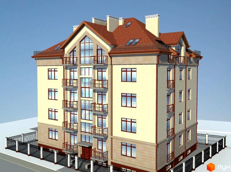 Зовнішній вигляд чотириповерхового будинку з червоним дахом та балконами. Навколо будинку розташована чорна металева огорожа. Новобудова на вул. Білицька, 108а.