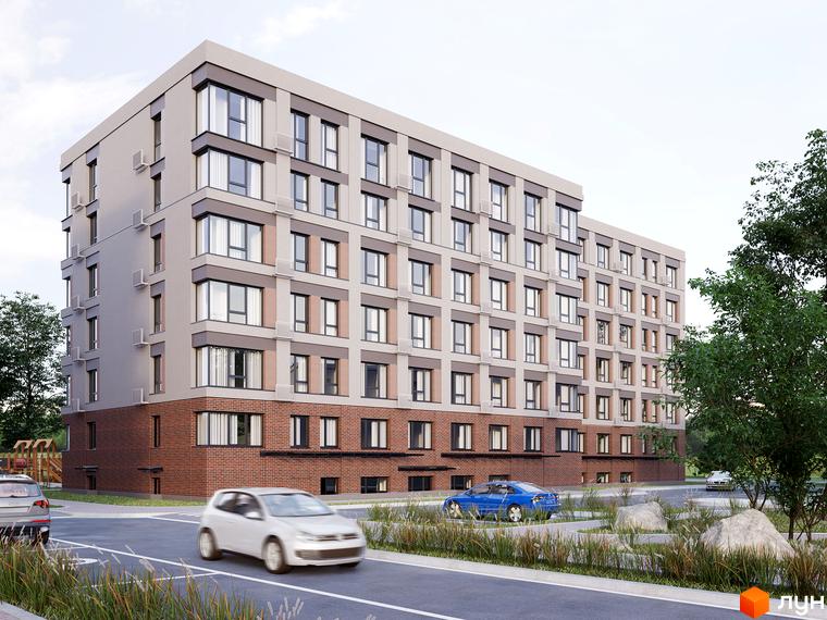 Зовнішній вигляд житлового комплексу Родинний маєток з цегляним цоколем та світлими фасадами, поруч дорога з автомобілями та зелені насадження.