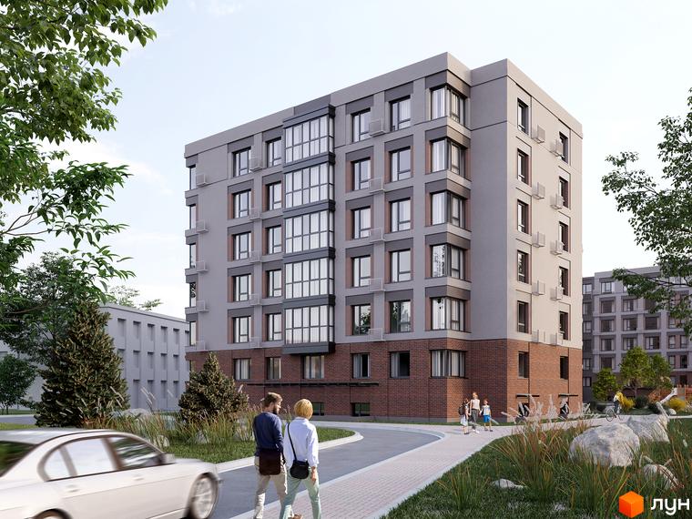 Зовнішній вигляд житлового комплексу Родинний маєток з сірими фасадами та цегляною обробкою нижніх поверхів. На прибудинковій території видно зелені насадження та пішохідні доріжки.