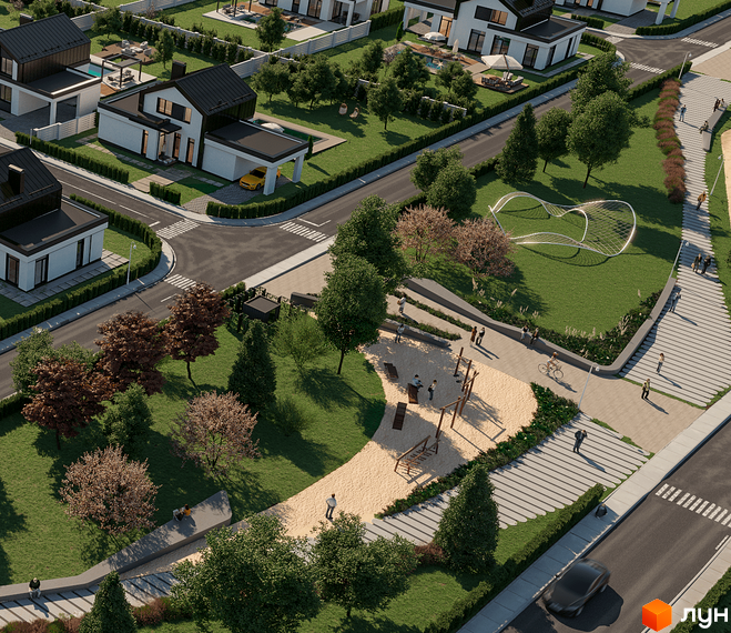 Котеджне містечко INWHITE family park: білі будинки з чорними дахами та прибудинкова територія з дитячим майданчиком та парком. Огляд житлового комплексу.