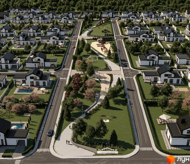 Котеджне містечко КМ INWHITE family park з білими будинками та чорними дахами, зеленою прибудинковою територією, басейном та дитячим майданчиком.