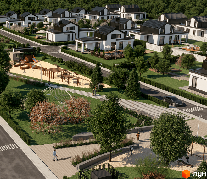 Котеджне містечко INWHITE family park: білі будинки з чорними дахами, дитячий майданчик, зелена територія та місця для відпочинку.