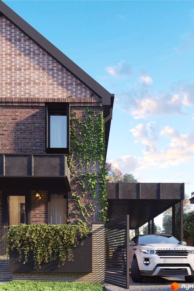 Котеджне містечко Oak Grove Town: цегляний будинок з темною покрівлею та вікнами, вкритий плющем. На ділянці є навіс для автомобіля та зелені насадження.