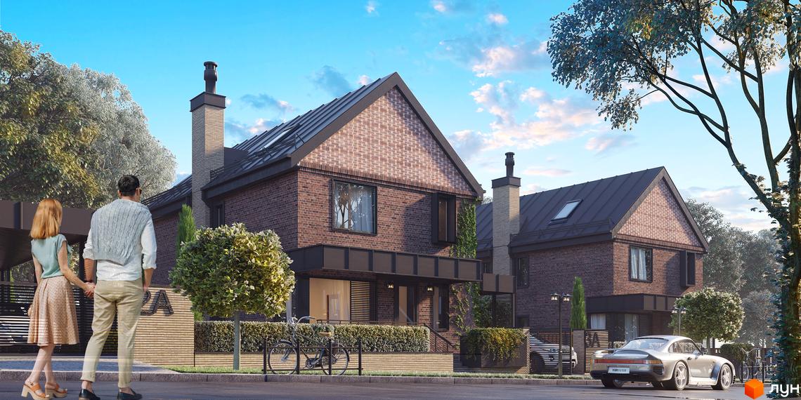 Котеджне містечко Oak Grove Town з цегляними будинками. На території є зелені насадження, парковка та місце для відпочинку.