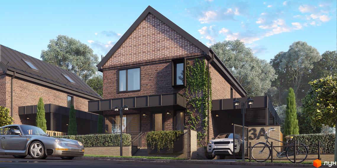 Котеджне містечко Oak Grove Town: цегляний будинок з темним дахом, великими вікнами та зеленими насадженнями, поруч з деревами та чагарниками.