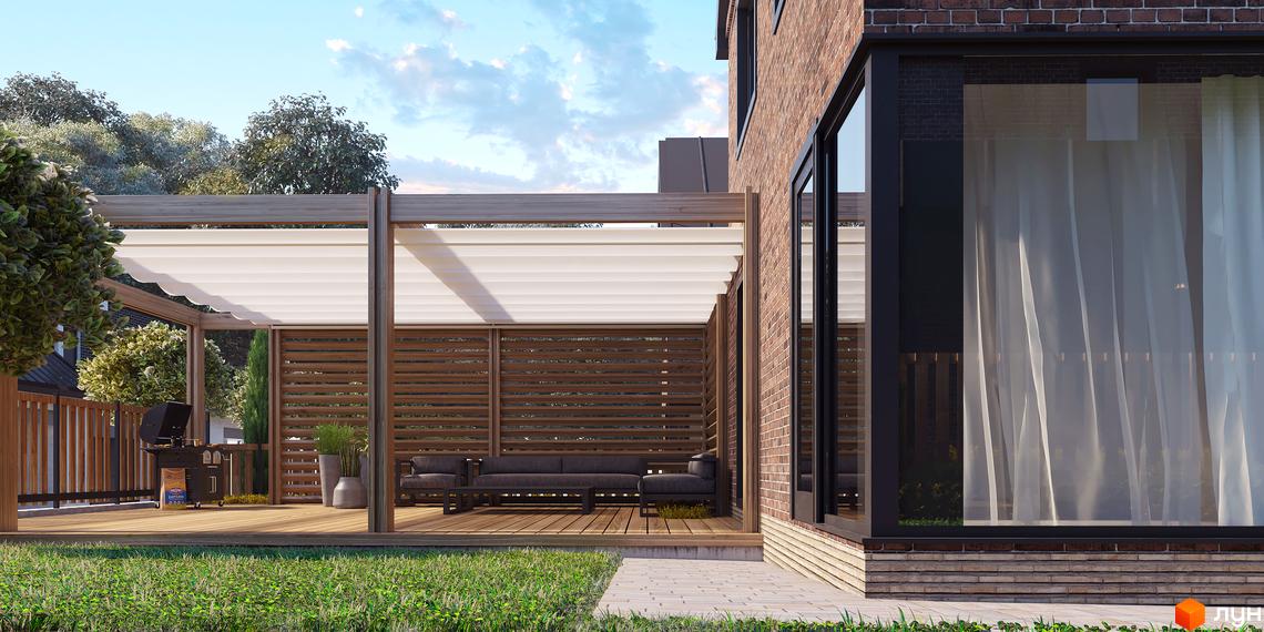 Зображення сторінки житлового комплексу Oak Grove Town. На фото показано будинок з цегляною кладкою та терасою з дерев'яним настилом і меблями.