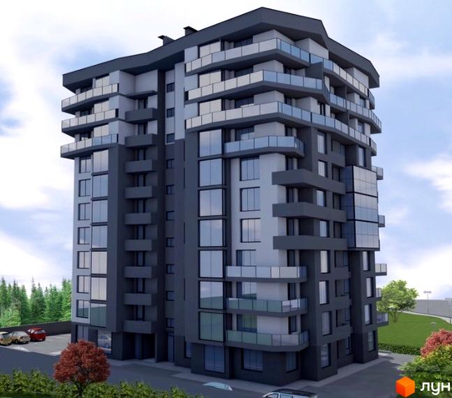 Новобудова ЖК Грін Парк з панорамними вікнами та скляними балконами, оточена зеленими деревами та парковкою.