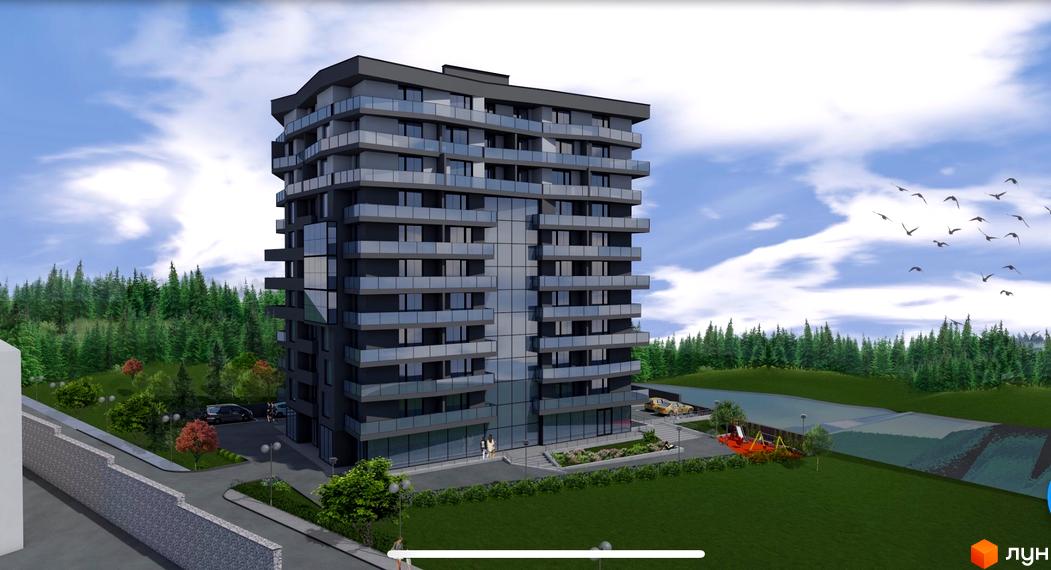 Зовнішній вигляд будинку ЖК Грін Парк з балконами та скляними фасадами, поруч розташований дитячий майданчик та зелена зона.