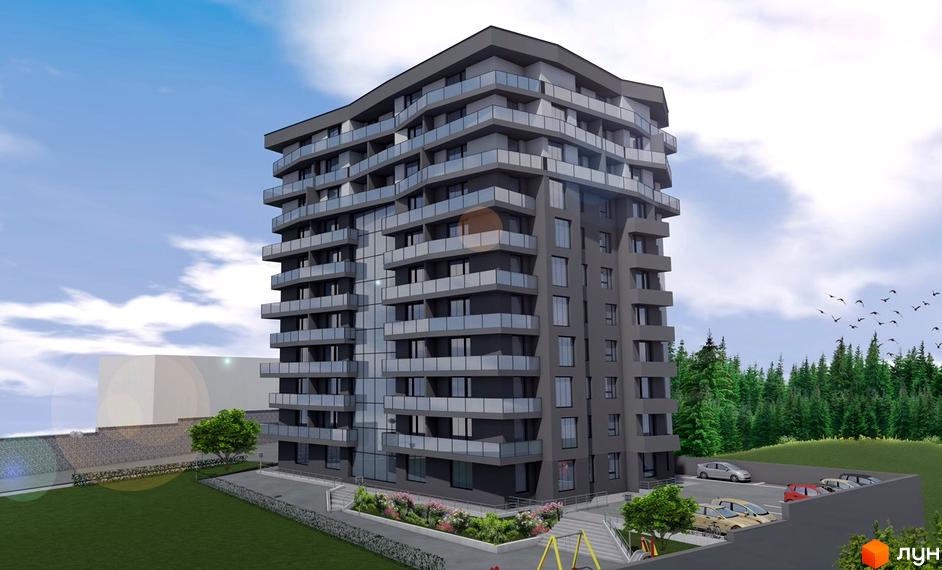 Житловий комплекс Грін Парк з хвилястими балконами та скляними фасадами, оточений деревами та облаштованою прибудинковою територією з парковкою.