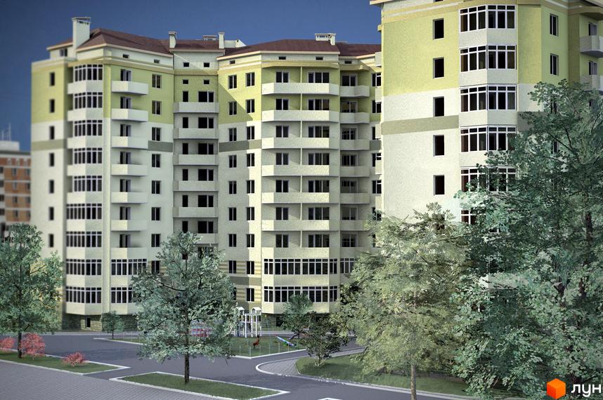Зовнішній вигляд багатоповерхового житлового комплексу з балконами та великими вікнами. На прибудинковій території розташований дитячий майданчик та зелені насадження.