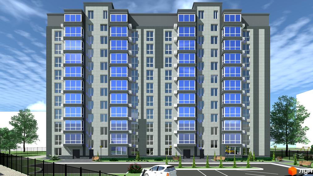 Зовнішній вигляд ЖК Центральний з великою кількістю вікон та балконів, прибудинкова територія з деревами та лавками.