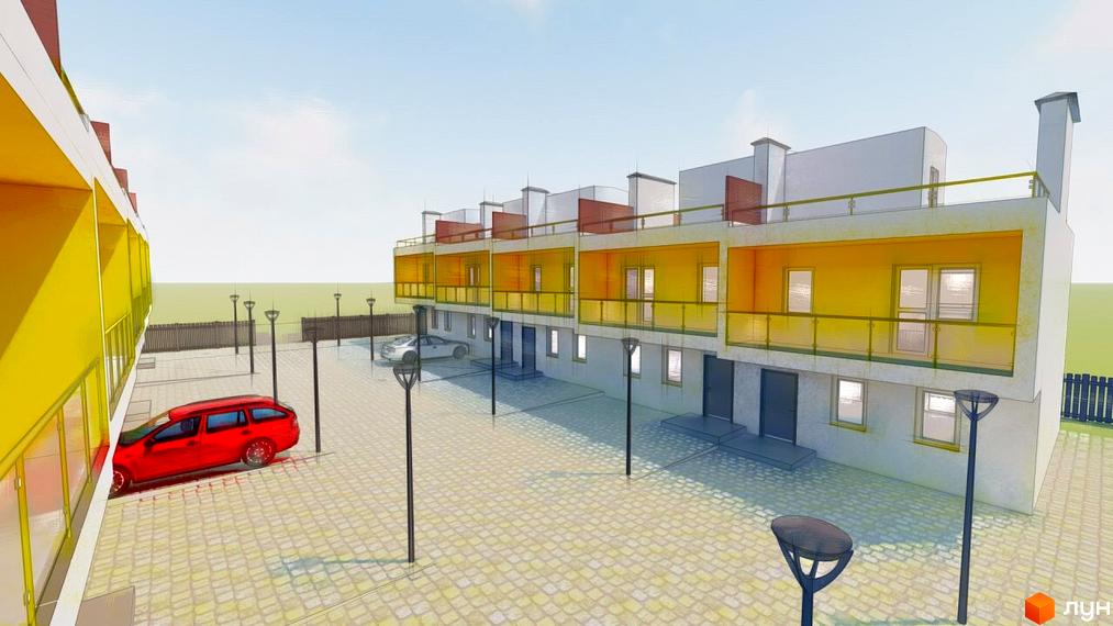 Зовнішній вигляд житлового комплексу Domino Townhouse з жовтими фасадами та скляними балконами, прибудинкова територія з червоним автомобілем та вуличними ліхтарями.