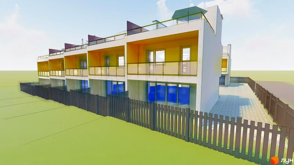 Зовнішній вигляд Domino Townhouse: триповерхові будинки з балконами та парканом навколо. Прибудинкова територія з бруківкою та зеленою зоною.