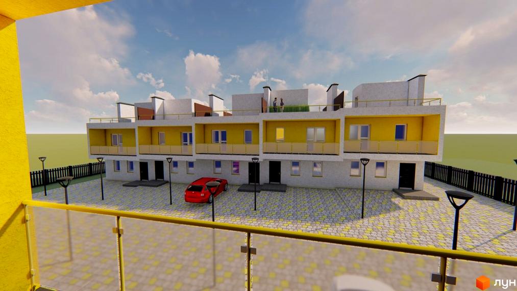 Зовнішній вигляд Domino Townhouse з жовтими фасадами та сучасними балконами. Прибудинкова територія з бруківкою та огорожею.