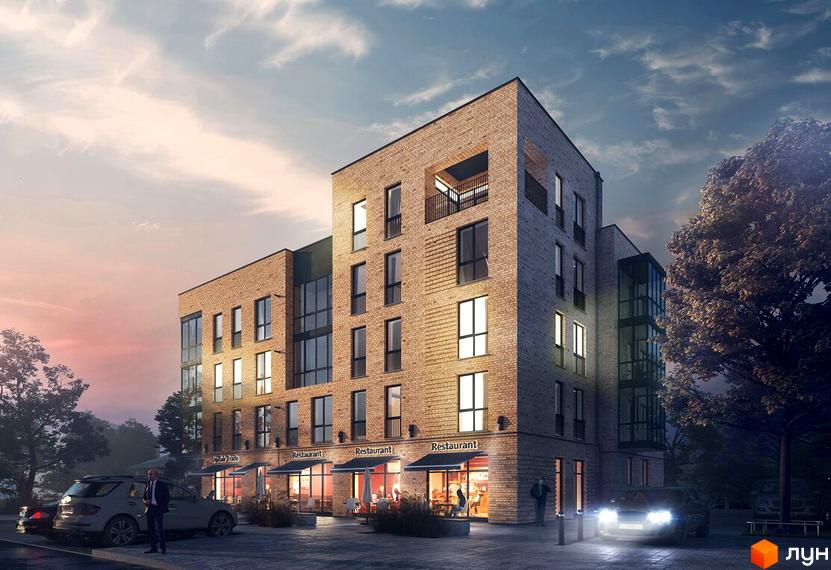 Житловий комплекс Fortress Krasyliv. Фасад будинку з цегли, вікна, балкони, тераси. Територія з парковкою та зеленими насадженнями.