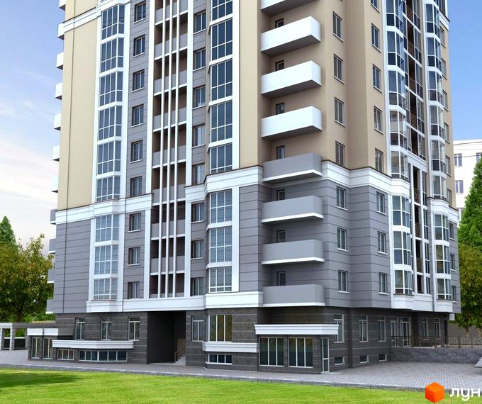 Зовнішній вигляд житлового комплексу КиївSky: висотна будівля з сірими та бежевими фасадами, великими вікнами та балконами. Прибудинкова територія з зеленим газоном та бруківкою.