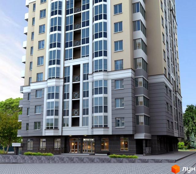 Зовнішній вигляд житлового комплексу КиївSky з великою кількістю скляних вікон та сірими фасадами. Перед будинком розташована бруківка та зелені насадження.