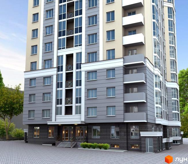 Зовнішній вигляд новобудови ЖК КиївSky з сірими та бежевими фасадами та великою кількістю скління. Прибудинкова територія з бруківкою та зеленими насадженнями.