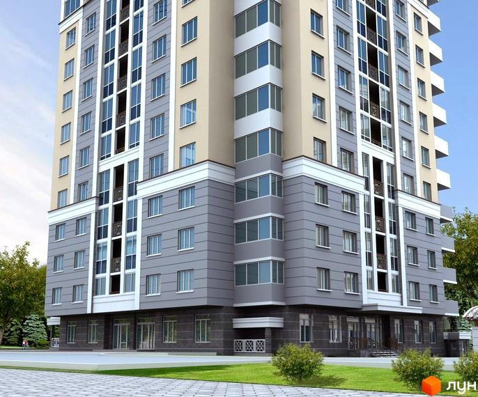 Зовнішній вигляд ЖК КиївSky: висотна будівля з сірими та бежевими фасадами, великими вікнами та балконами. Прибудинкова територія з зеленими насадженнями та доріжками.