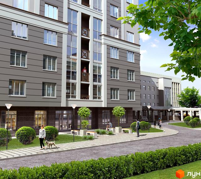 Зовнішній вигляд житлового комплексу КиївSky: сіра фасадна частина з білими декоративними елементами, великі вікна. Прибудинкова територія з доріжками, газонами та деревами, де гуляють люди з собакою.