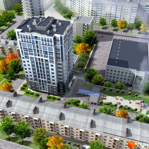 Вид на висотну новобудову ЖК KyivSky з сірими та білими фасадами, скляними балконами та прибудинковою територією з дитячим майданчиком.