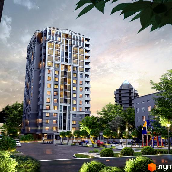 Житловий комплекс КиївSky з високою сірою будівлею та прибудинковою територією з дитячим майданчиком. Зовнішній вигляд новобудови та облаштований двір.