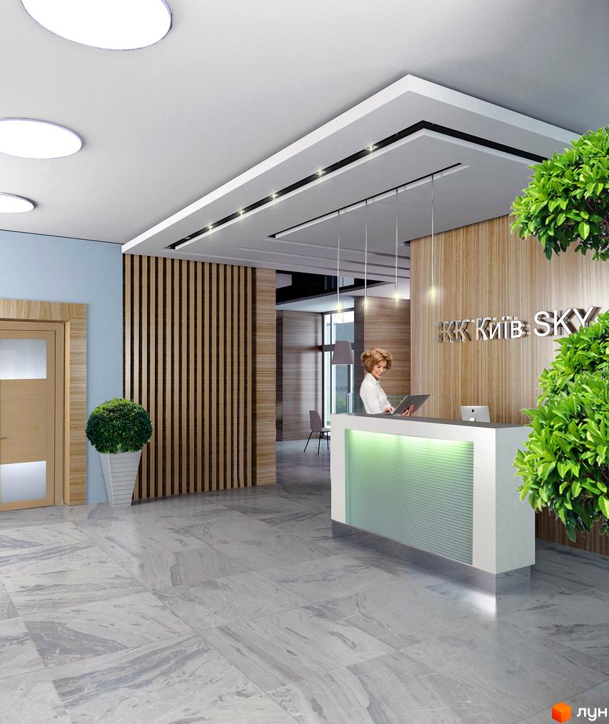 Дизайн холу житлового комплексу КиївSky з рецепцією та дерев'яними панелями. Сучасний інтер'єр новобудови з акцентом на натуральні матеріали та освітлення.
