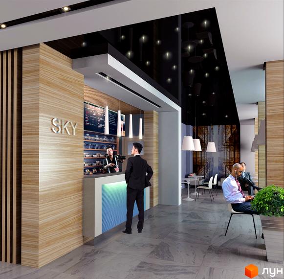 Інтер'єр лобі житлового комплексу КиївSky з зоною відпочинку та кафе. Сучасний дизайн з дерев'яними елементами та підсвічуванням.