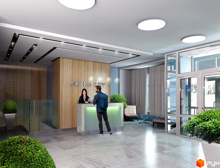 Лобі житлового комплексу КиївSky з ресепшн та відвідувачами. Сучасний дизайн інтер'єру з дерев'яними панелями та скляними елементами.