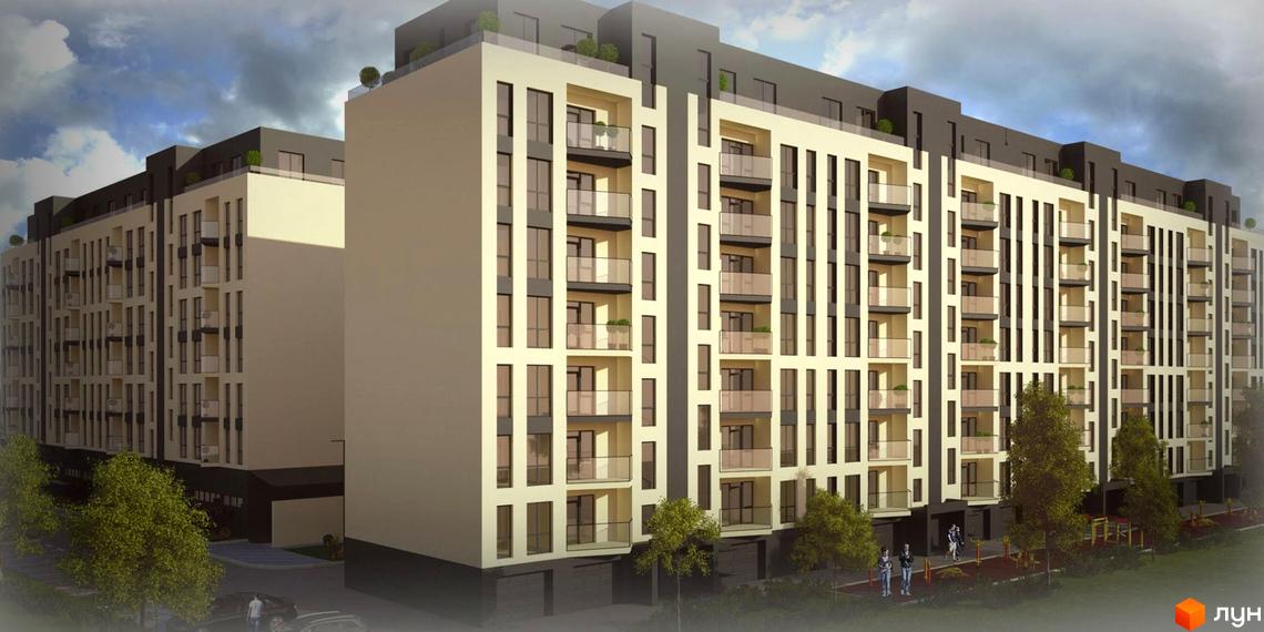 Житловий комплекс Comfort City з фасадом світло-бежевого кольору та темними елементами, балконами та вікнами. На прибудинковій території розташовані дерева та дитячий майданчик.