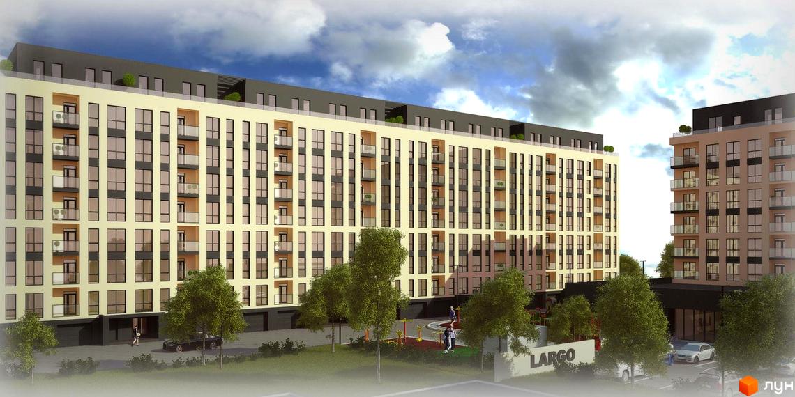 Новобудова ЖК Comfort City з фасадом світло-бежевого кольору та великою кількістю вікон. Поруч розташований дитячий майданчик та парковка.