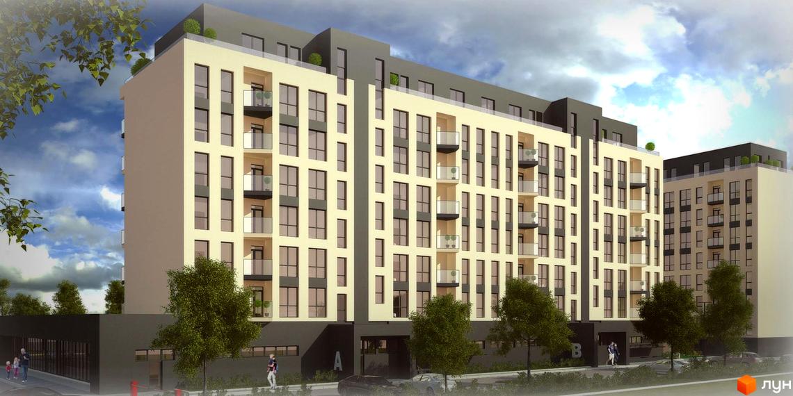 Зовнішній вигляд житлового комплексу Comfort City з численними вікнами та балконами, оточений деревами та невеликою кількістю людей. Навколо будинку розташовані дороги та тротуари.