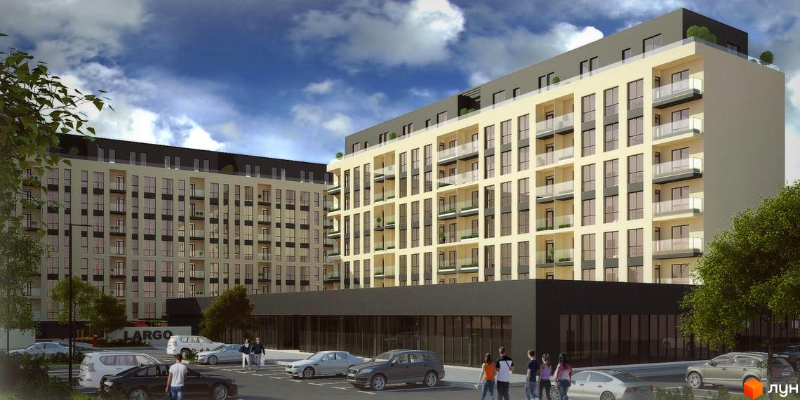 Зовнішній вигляд житлового комплексу Comfort City з фасадами світло-бежевого кольору та темними елементами. Навколо комплексу розташована прибудинкова територія з парковкою та деревами.