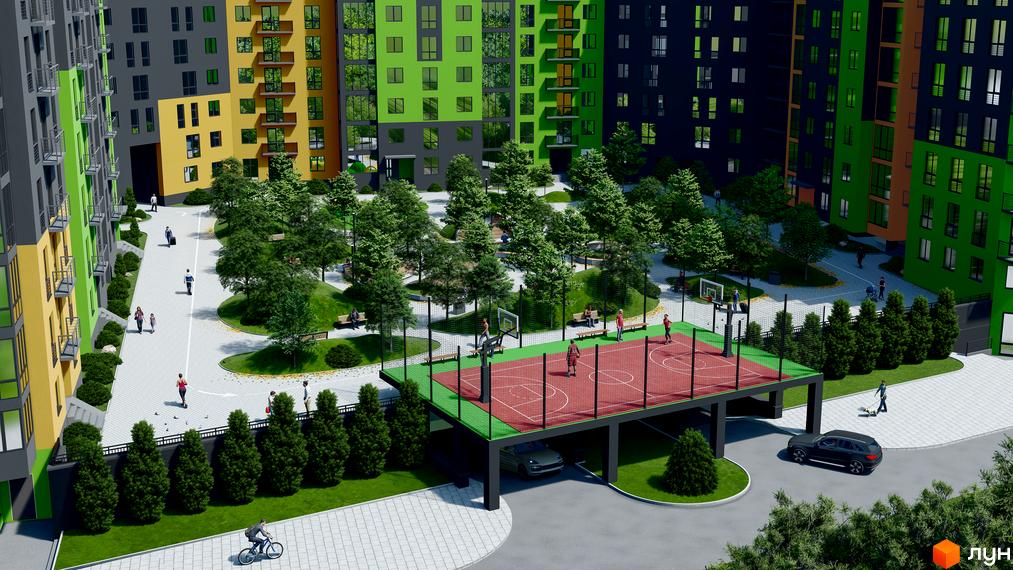 Житловий комплекс Millennium: різнокольорові багатоповерхові будинки з балконами, зелений двір зі спортивним майданчиком та зонами відпочинку. На території є баскетбольне поле, дитячий майданчик та місця для паркування.