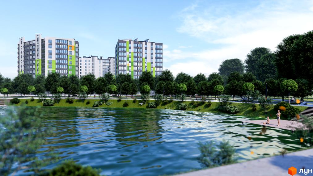 Житловий комплекс Millennium з яскравими фасадами та зеленою зоною біля водойми. Сучасна архітектура новобудови та облаштована набережна для відпочинку.