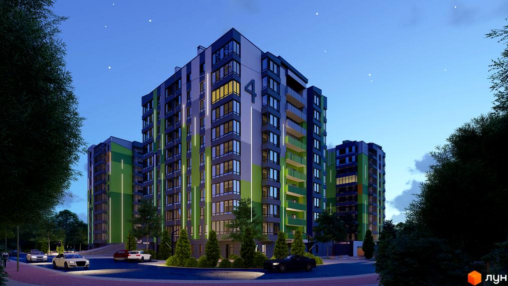 Житловий комплекс Millennium - сучасна архітектура з яскравими фасадами та підсвіткою. Навколо будівель зелені насадження та освітлена дорога з автомобілями.