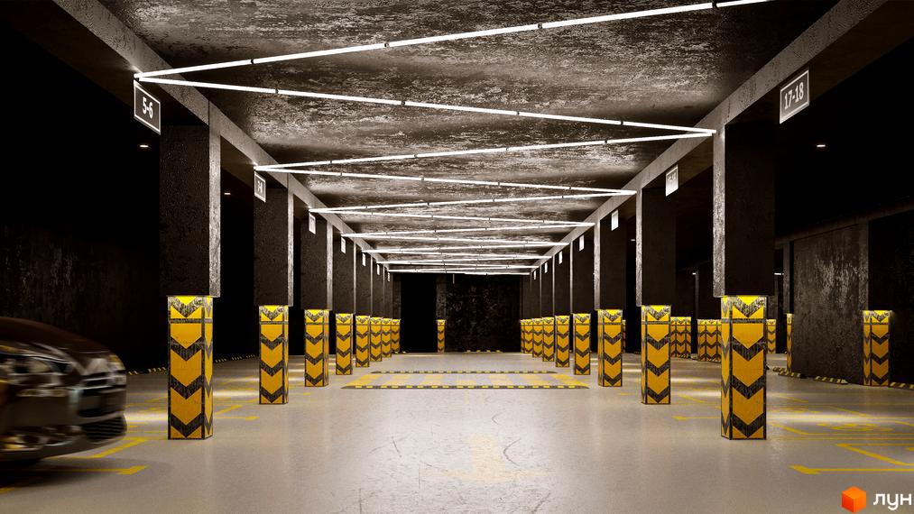 Підземний паркінг ЖК Millennium з яскравим освітленням та паркувальними місцями. Бетонні колони з жовто-чорною розміткою для безпеки.