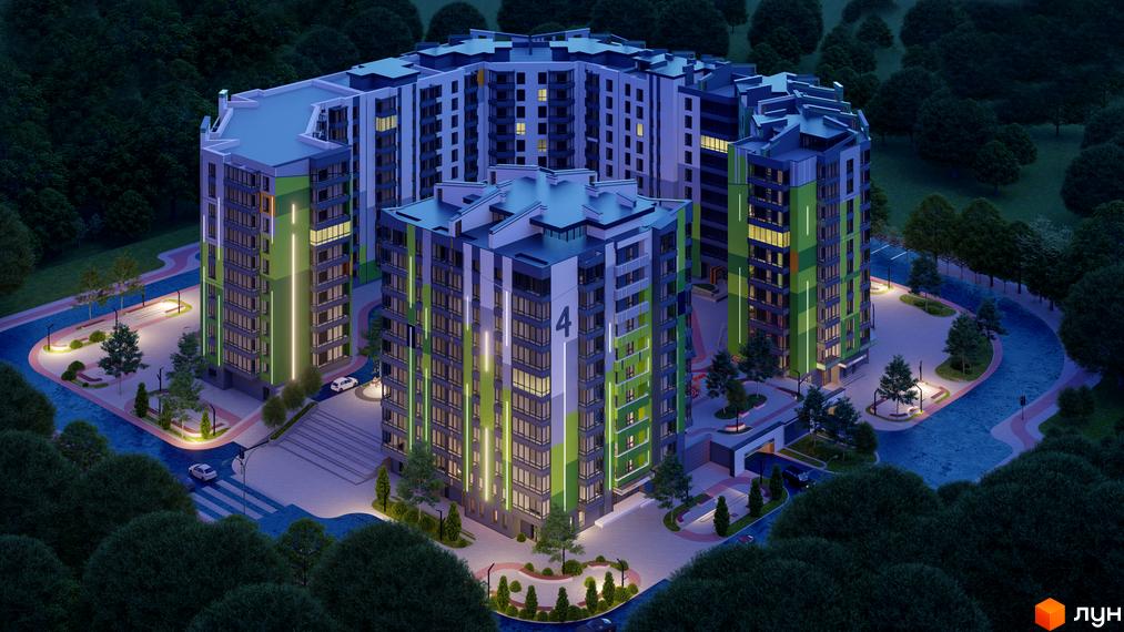 Житловий комплекс Millennium – це багатоповерхові будинки з яскравим фасадом, розташовані серед дерев. Територія комплексу освітлена ліхтарями, є доріжки та зелені насадження.