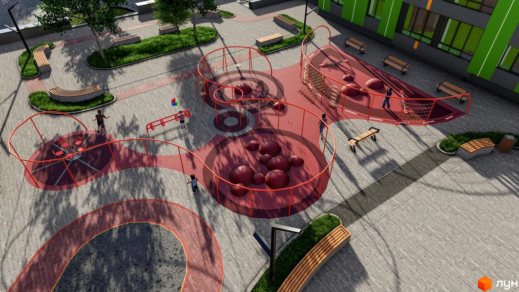 Дитячий майданчик житлового комплексу Millennium з яскравим покриттям та ігровими елементами. Навколо майданчика розташовані лавки та зелені зони.