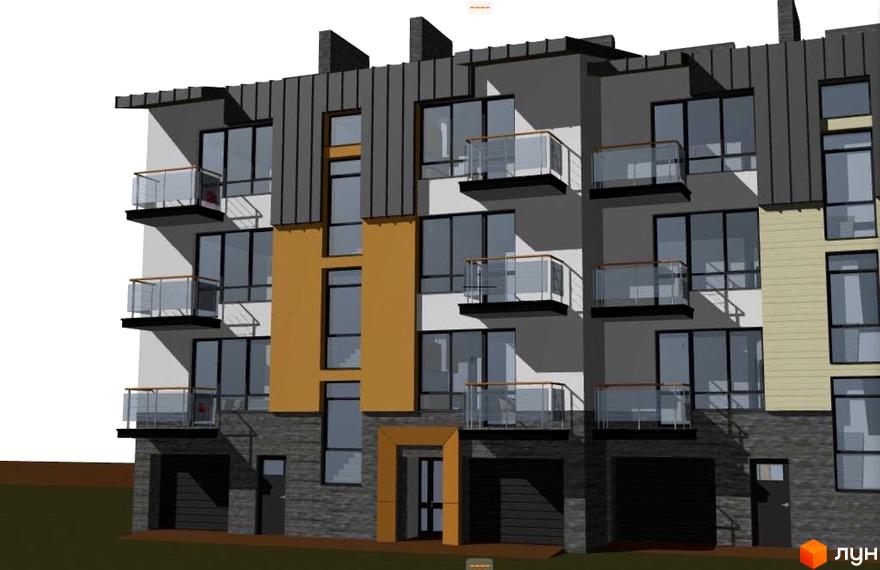 Зовнішній вигляд новобудови ЖК Троянда на Граніті з балконами та великими вікнами. Фасад оздоблений сірими та жовтими панелями.